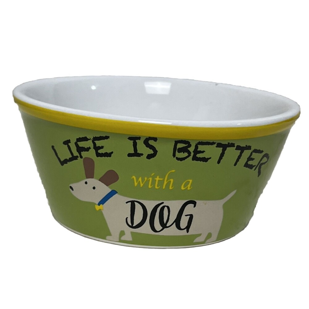 Pet Bowl Ceramic Dish Food Water LIFE IS BETTER WITH A DOG Woof Vibrant Life New